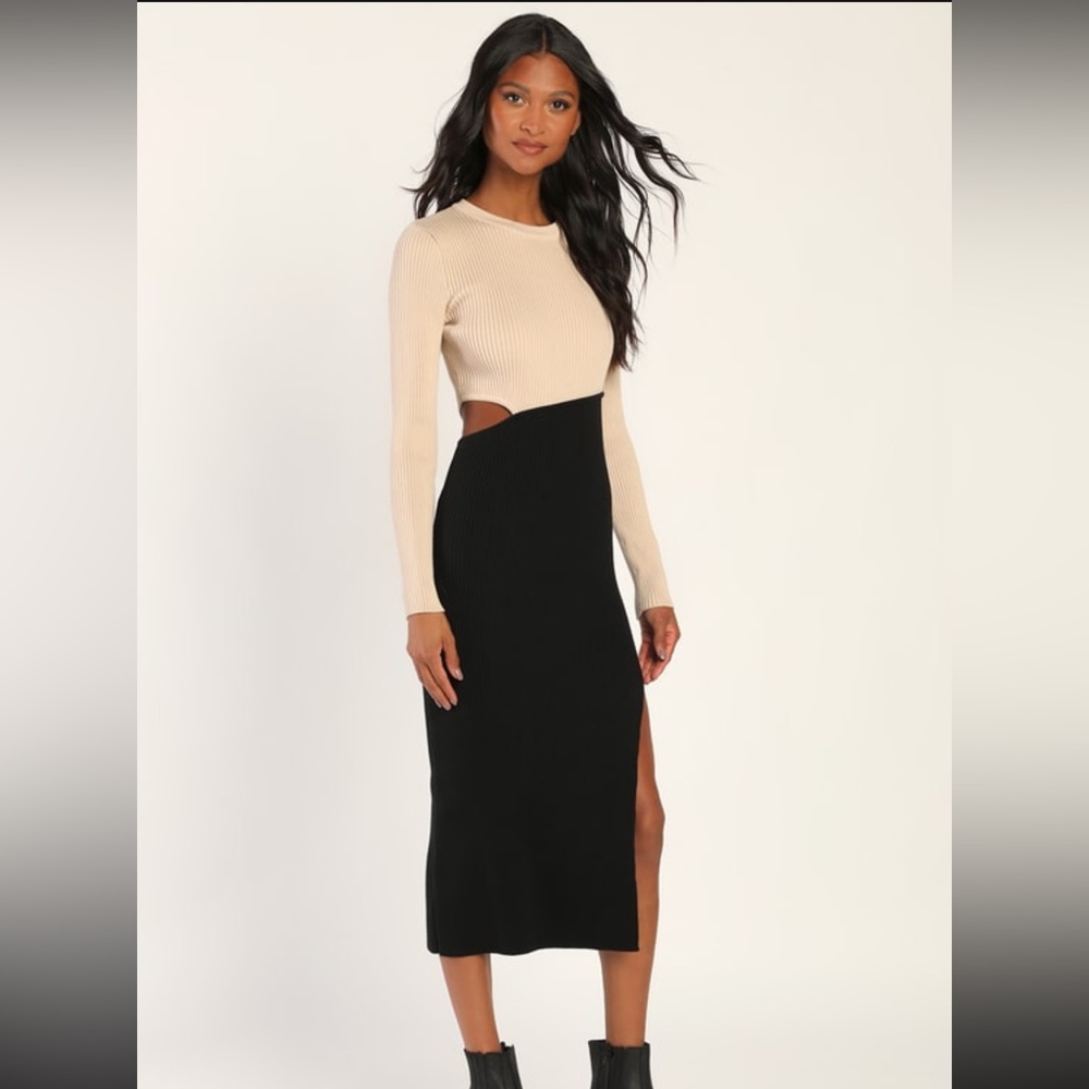 Lulus Cutest Combo Beige and Black Colorblock Cutout Sweater Dress